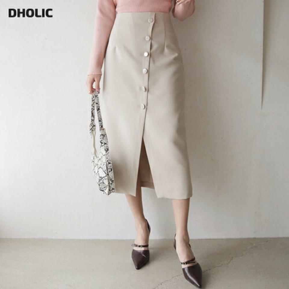 ボタンペンシルスカート・全3色・t66690 レディース 【sk】【スカート ミディ丈 ミディスカート ペンシル ペンシルスカート Hライン スリット 単色 無地 シンプル きれいめ 大人 オフィスカジュアル 秋 冬 韓国 ファッション】【ハイホリHIHOLLI】