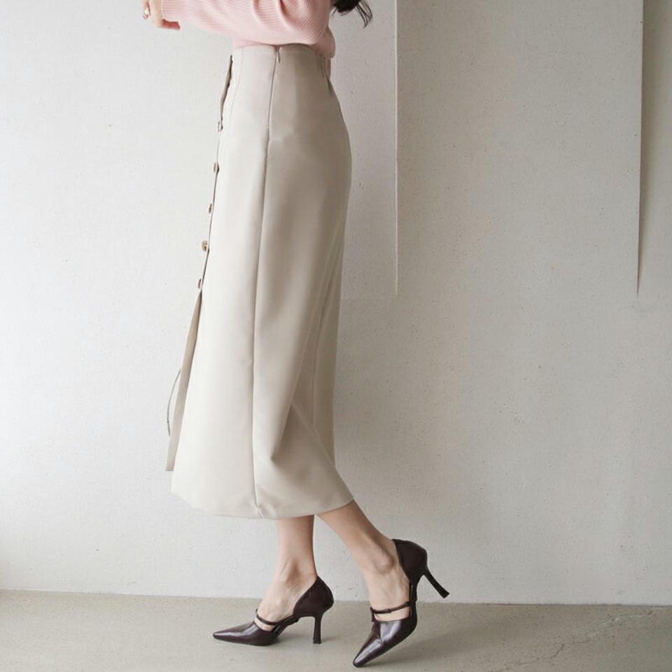 ボタンペンシルスカート・全3色・t66690 レディース 【sk】【スカート ミディ丈 ミディスカート ペンシル ペンシルスカート Hライン スリット 単色 無地 シンプル きれいめ 大人 オフィスカジュアル 秋 冬 韓国 ファッション】【ハイホリHIHOLLI】