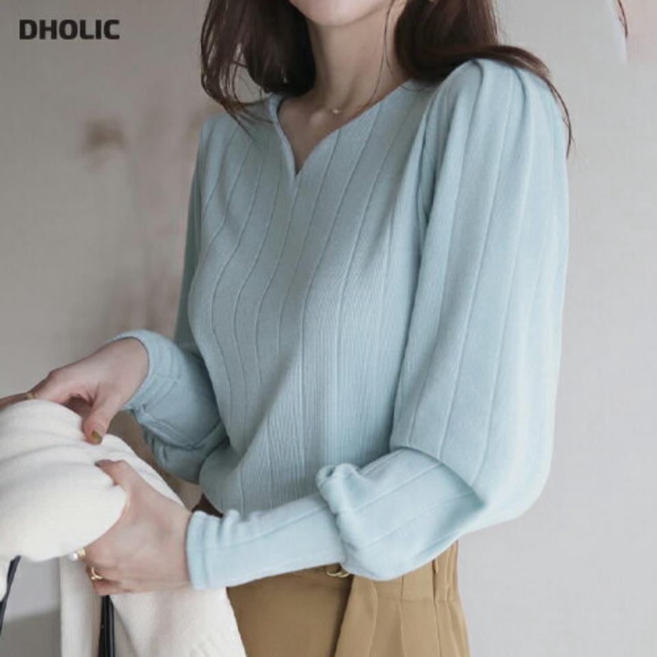 VネックリブTシャツ・全3色・t66666 レディース 【tops】【トップス Tシャツ 長袖 リブ リブトップス Vネック 単色 シンプル フェミニン カジュアル 大人 パフスリーブ パフ袖 ボリューム袖 秋 冬 韓国 ファッション】【ハイホリHIHOLLI】