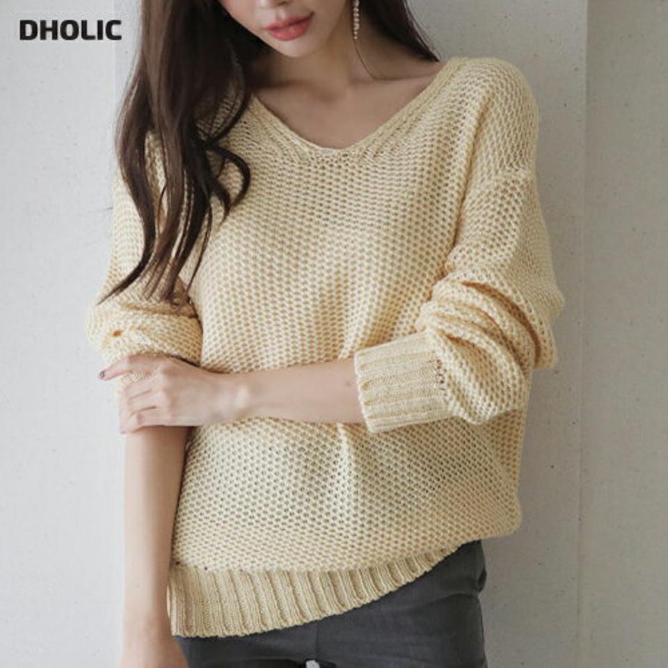 Vネックルーズニット・全5色・t66664 レディース 【tops】【トップス ニット ニットトップス 長袖 ルーズ Vネック 単色 無地 シンプル 大人 カジュアル ラフ 秋 冬 韓国 ファッション】【ハイホリHIHOLLI】