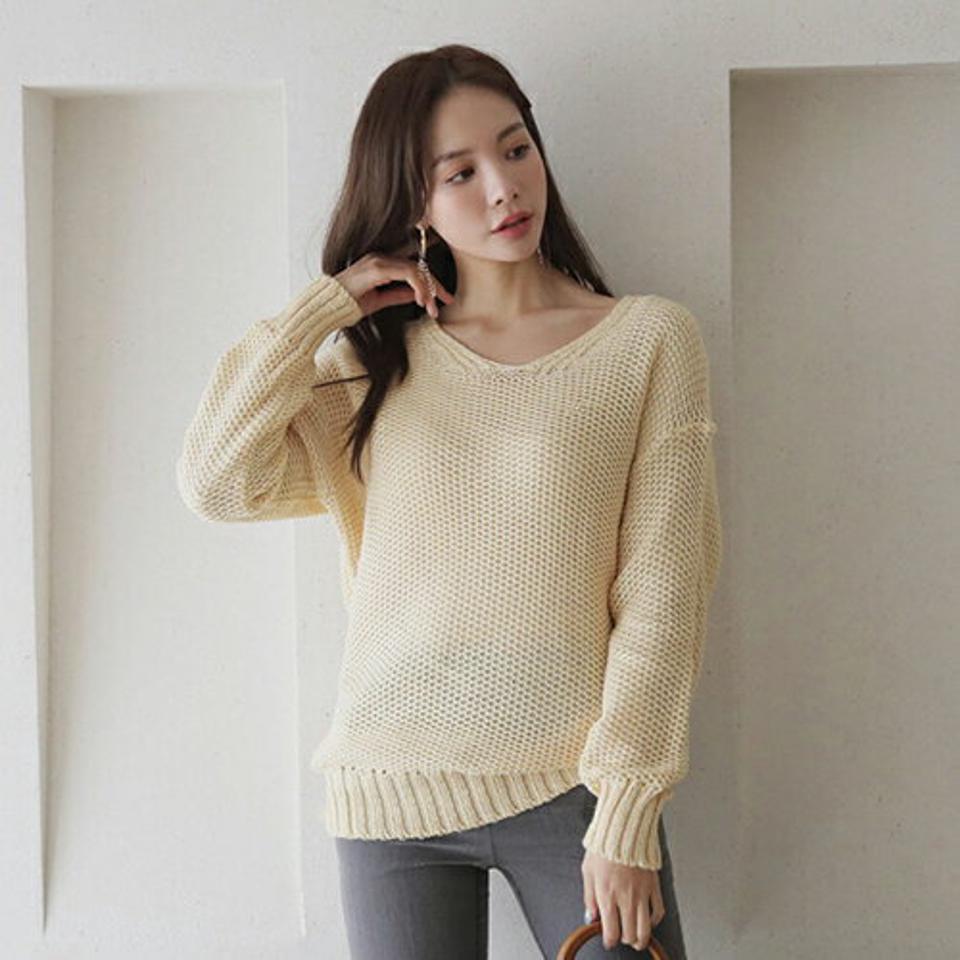 Vネックルーズニット・全5色・t66664 レディース 【tops】【トップス ニット ニットトップス 長袖 ルーズ Vネック 単色 無地 シンプル 大人 カジュアル ラフ 秋 冬 韓国 ファッション】【ハイホリHIHOLLI】