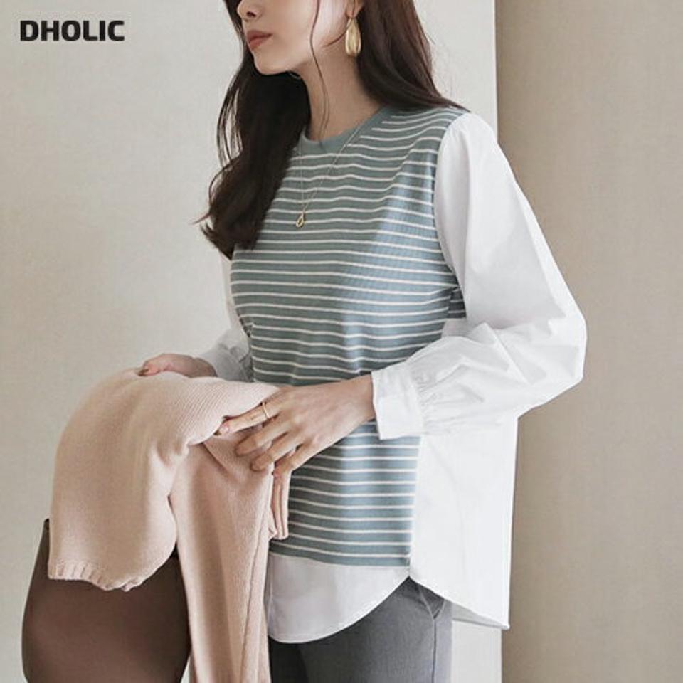 【只今10%OFF】ボーダーコントラストブラウス・全3色・b66665 レディース 【bl】【トップス ブラウス コントラスト ボーダー柄 異素材ミックス 異素材 長袖 アンバランス 爽やか カジュアル 大人 秋 冬 韓国 ファッション】【ハイホリHIHOLLI】