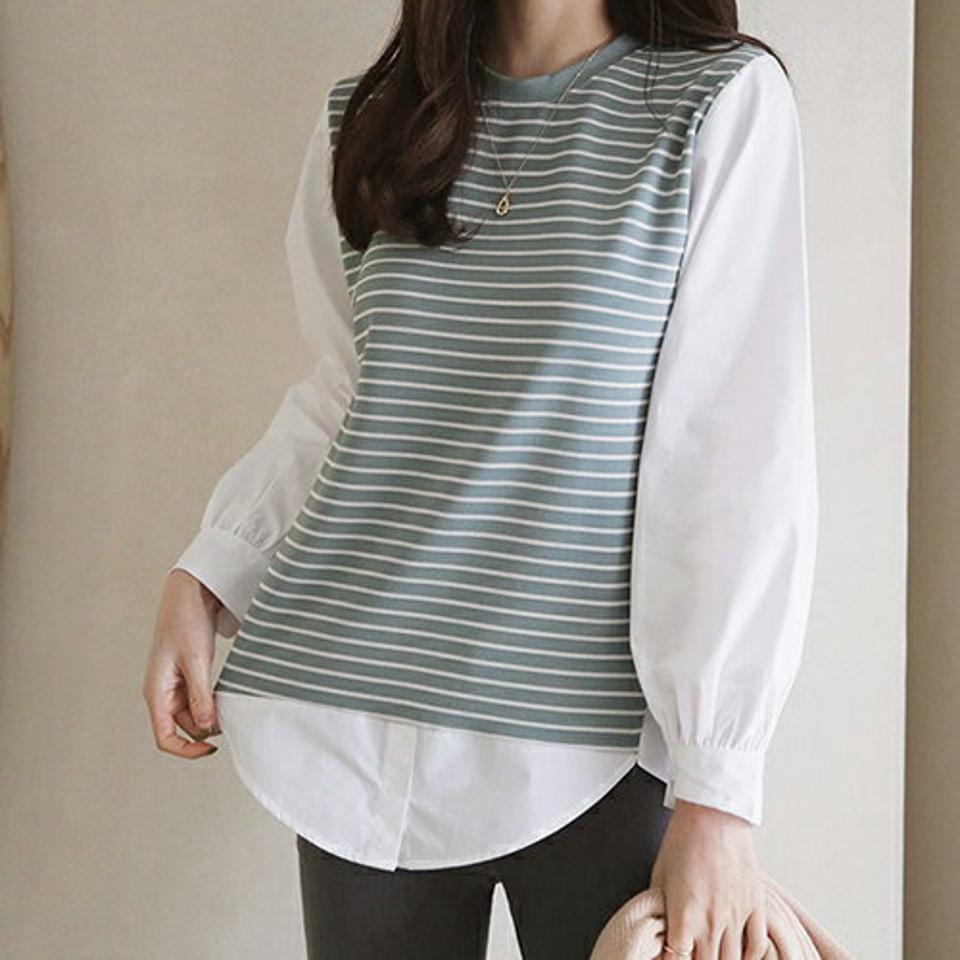 【只今10%OFF】ボーダーコントラストブラウス・全3色・b66665 レディース 【bl】【トップス ブラウス コントラスト ボーダー柄 異素材ミックス 異素材 長袖 アンバランス 爽やか カジュアル 大人 秋 冬 韓国 ファッション】【ハイホリHIHOLLI】