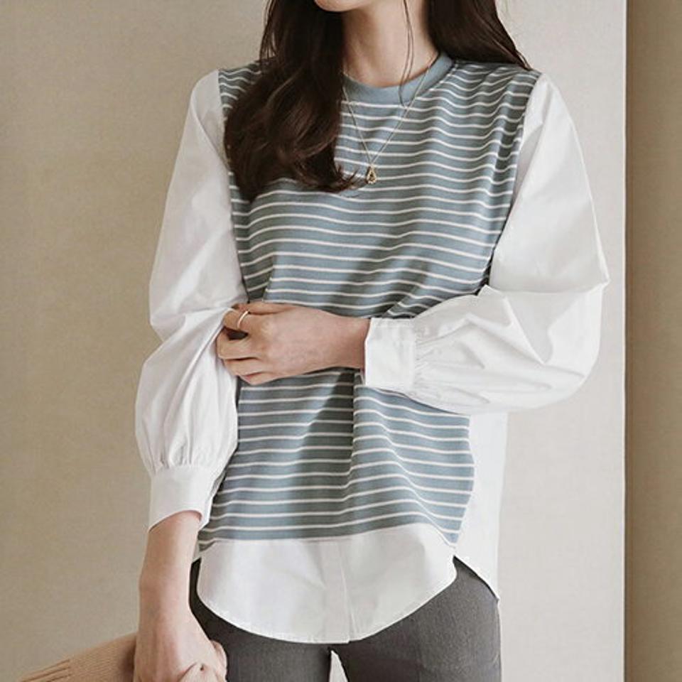 【只今10%OFF】ボーダーコントラストブラウス・全3色・b66665 レディース 【bl】【トップス ブラウス コントラスト ボーダー柄 異素材ミックス 異素材 長袖 アンバランス 爽やか カジュアル 大人 秋 冬 韓国 ファッション】【ハイホリHIHOLLI】