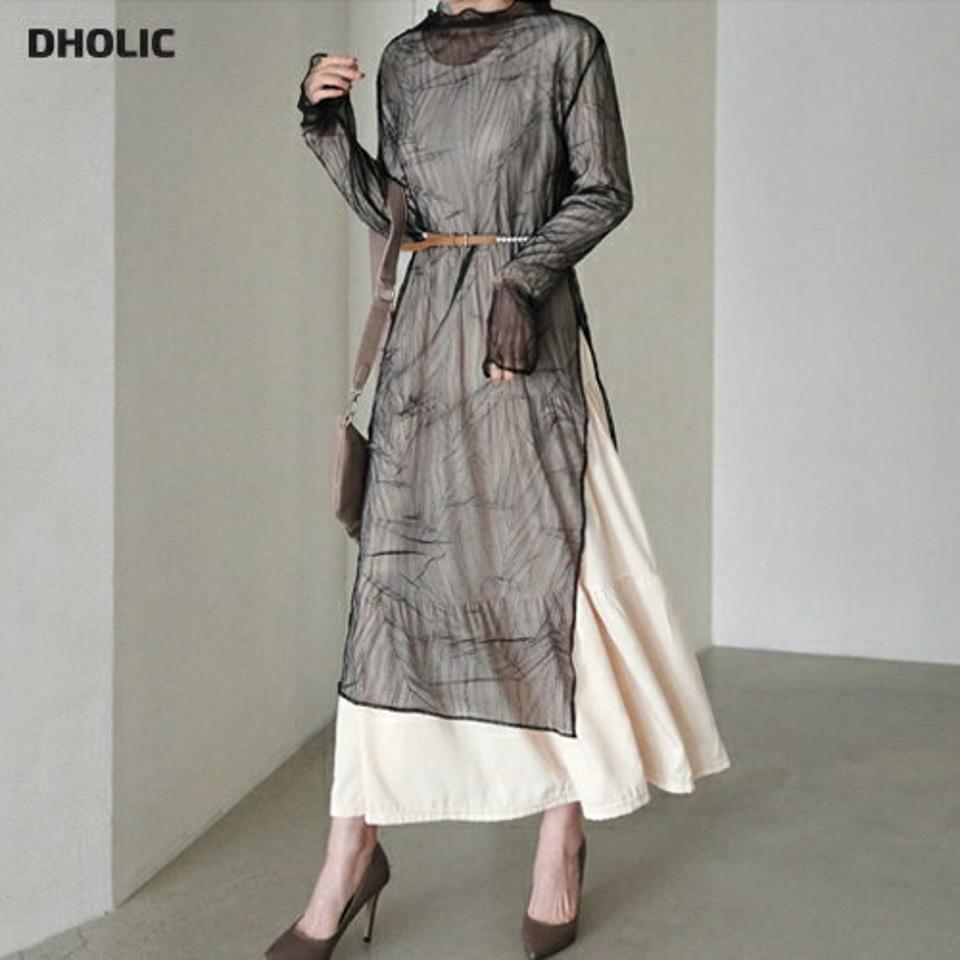 シアーワンピース・全2色・t66663 レディース 【ops】【ワンピース ミディ丈 ミディワンピース ハーフネック シアー シースルー 透け感 長袖 シンプル 可愛い かわいい 春 秋 冬 韓国 ファッション】【ハイホリHIHOLLI】