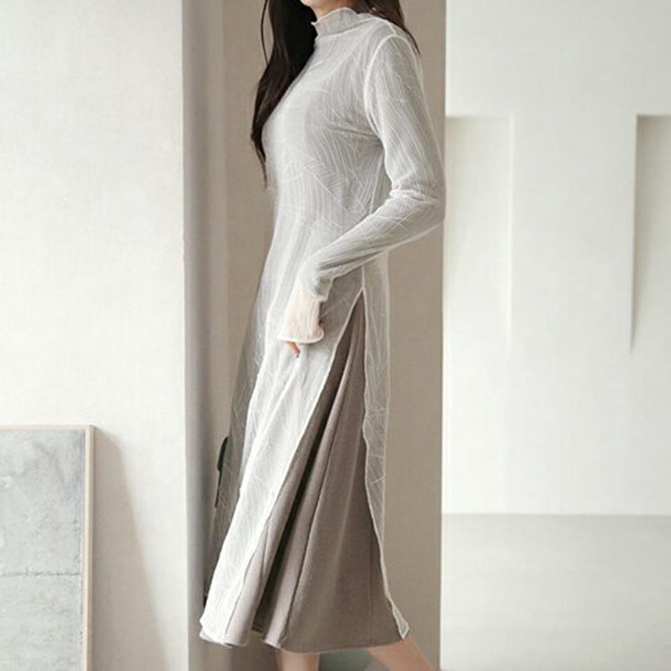 シアーワンピース・全2色・t66663 レディース 【ops】【ワンピース ミディ丈 ミディワンピース ハーフネック シアー シースルー 透け感 長袖 シンプル 可愛い かわいい 春 秋 冬 韓国 ファッション】【ハイホリHIHOLLI】