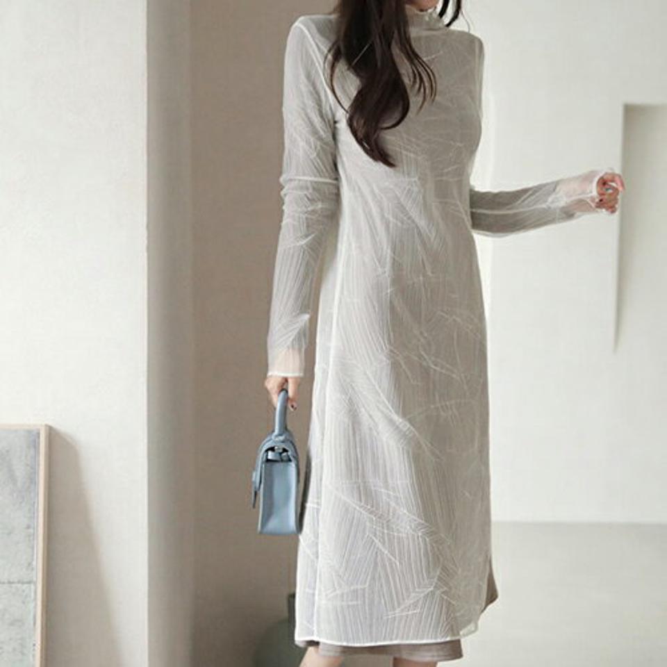 シアーワンピース・全2色・t66663 レディース 【ops】【ワンピース ミディ丈 ミディワンピース ハーフネック シアー シースルー 透け感 長袖 シンプル 可愛い かわいい 春 秋 冬 韓国 ファッション】【ハイホリHIHOLLI】