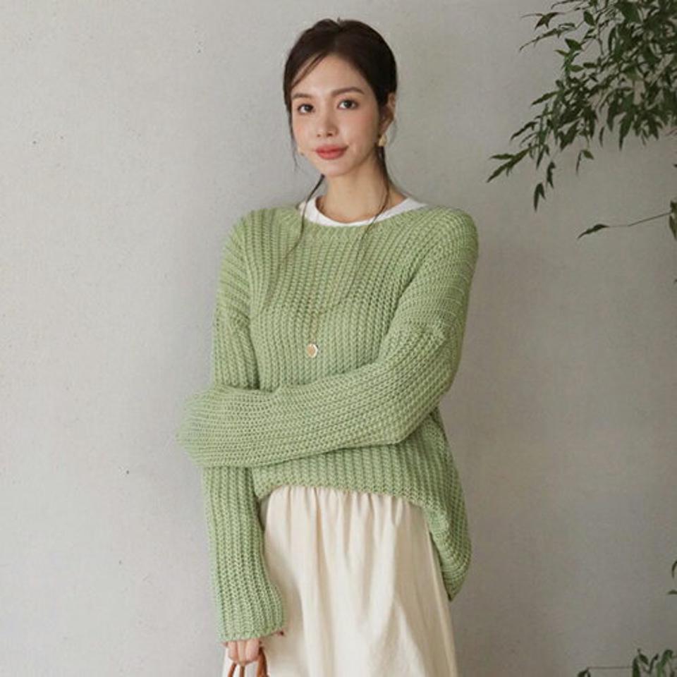 ラウンドルーズニット・全5色・b66676 レディース 【tops】【トップス ニット ニットトップス 長袖 ルーズ 単色 無地 シンプル カジュアル ラフ 秋 冬 韓国 ファッション】【ハイホリHIHOLLI】