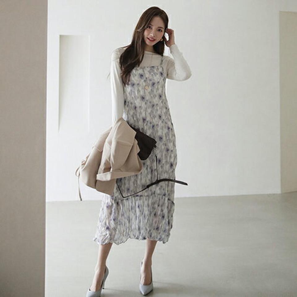 リンクル花柄キャミワンピース・全2色・t66674 レディース 【ops】 ワンピース ロング ロングワンピース スリーブレス ノースリーブ リンクル 花柄 フラワー キャミソール レイヤード 大人 フェミニン 春 秋 冬 韓国 ファッション ハイホリHIHOLLI
