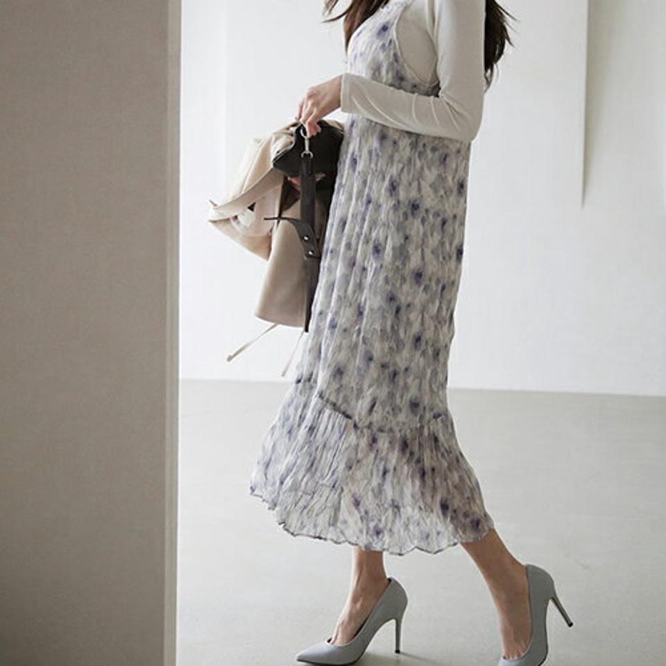 リンクル花柄キャミワンピース・全2色・t66674 レディース 【ops】 ワンピース ロング ロングワンピース スリーブレス ノースリーブ リンクル 花柄 フラワー キャミソール レイヤード 大人 フェミニン 春 秋 冬 韓国 ファッション ハイホリHIHOLLI