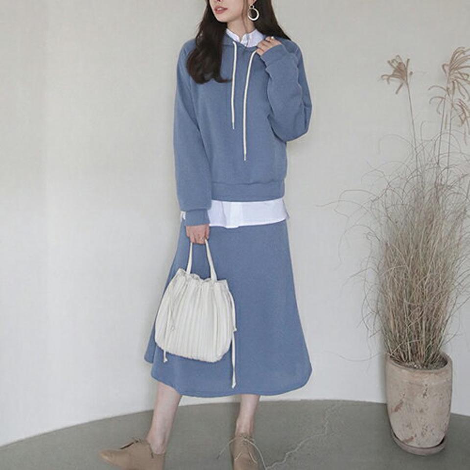 ラグランフーディ&スカートSET・全4色・t66678 レディース 【sk】【セットアップ setup トップス パーカー フーディー フーディ フード 長袖 スカート ロングスカート ロング 単色 無地 シンプル カジュアル 秋 冬 韓国 ファッション】【ハイホリHIHOLLI】