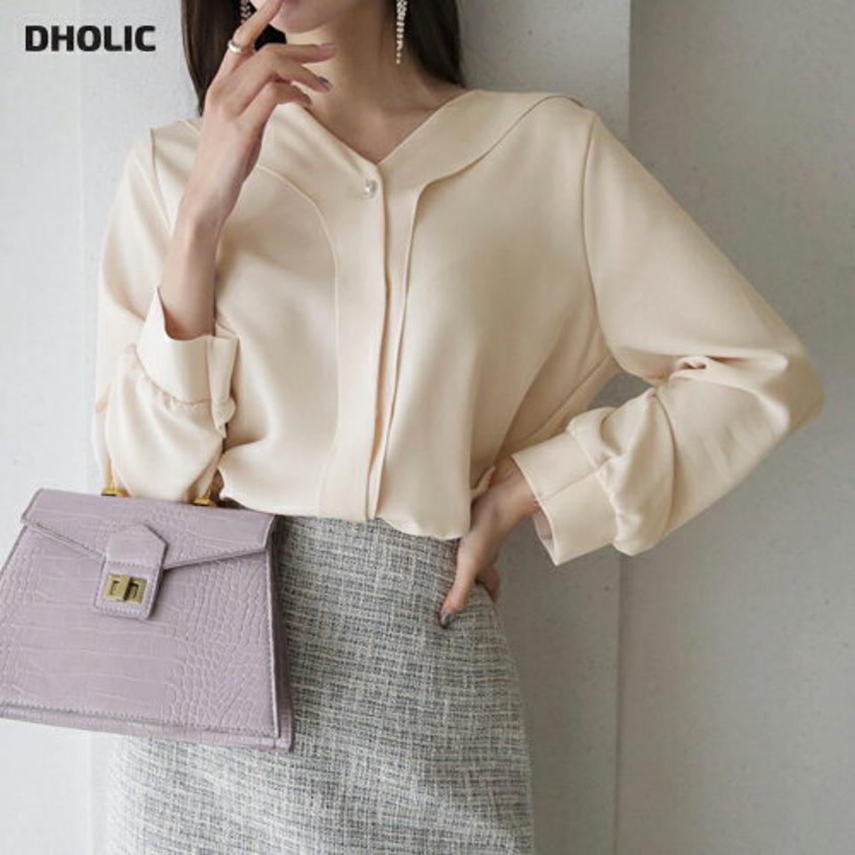 ネックスリットパールブラウス・全4色・t66657 レディース 【bl】【トップス ブラウス 長袖 パールボタン ネックスリット フェミニン 上品 単色 無地 シンプル きれいめ デート オフィスカジュアル 秋 冬 韓国 ファッション】【ハイホリHIHOLLI】