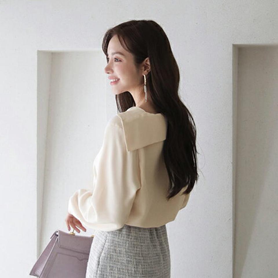 ネックスリットパールブラウス・全4色・t66657 レディース 【bl】【トップス ブラウス 長袖 パールボタン ネックスリット フェミニン 上品 単色 無地 シンプル きれいめ デート オフィスカジュアル 秋 冬 韓国 ファッション】【ハイホリHIHOLLI】