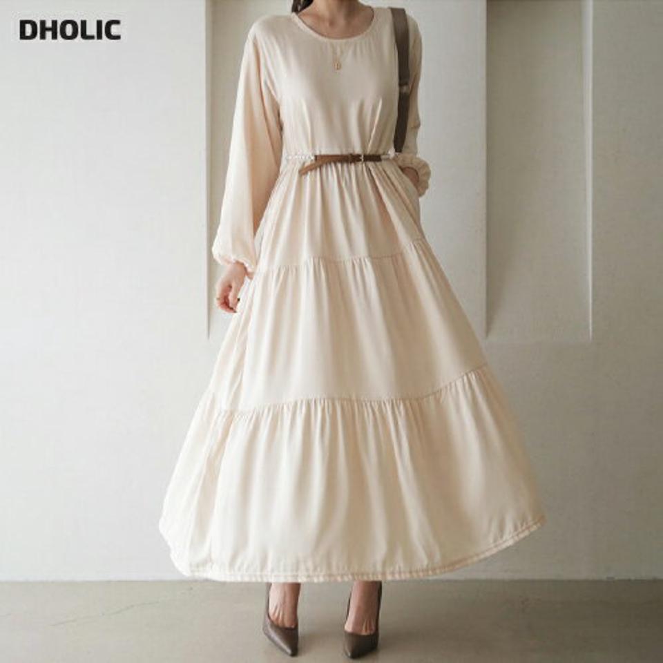 ラウンドティアードワンピース・全3色・b66668 レディース 【ops】【ワンピース ロング ロングワンピース 長袖 ティアード 単色 無地 シンプル フェミニン 体型カバー 楽ちん 秋 冬 韓国 ファッション】【ハイホリHIHOLLI】