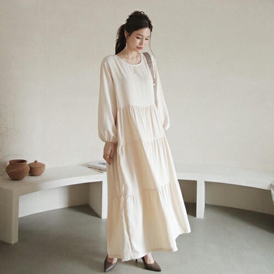 ラウンドティアードワンピース・全3色・b66668 レディース 【ops】【ワンピース ロング ロングワンピース 長袖 ティアード 単色 無地 シンプル フェミニン 体型カバー 楽ちん 秋 冬 韓国 ファッション】【ハイホリHIHOLLI】