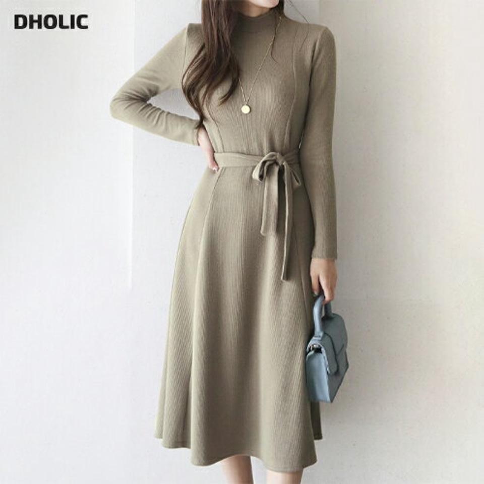 ストラップ付ハーフネックワンピース・全3色・b66661 レディース 【ops】【ワンピース ロング ロングワンピース 長袖 ハーフネック ストラップ 単色 無地 シンプル 大人 モダン フレア フレアワンピース 秋 冬 韓国 ファッション】【ハイホリHIHOLLI】