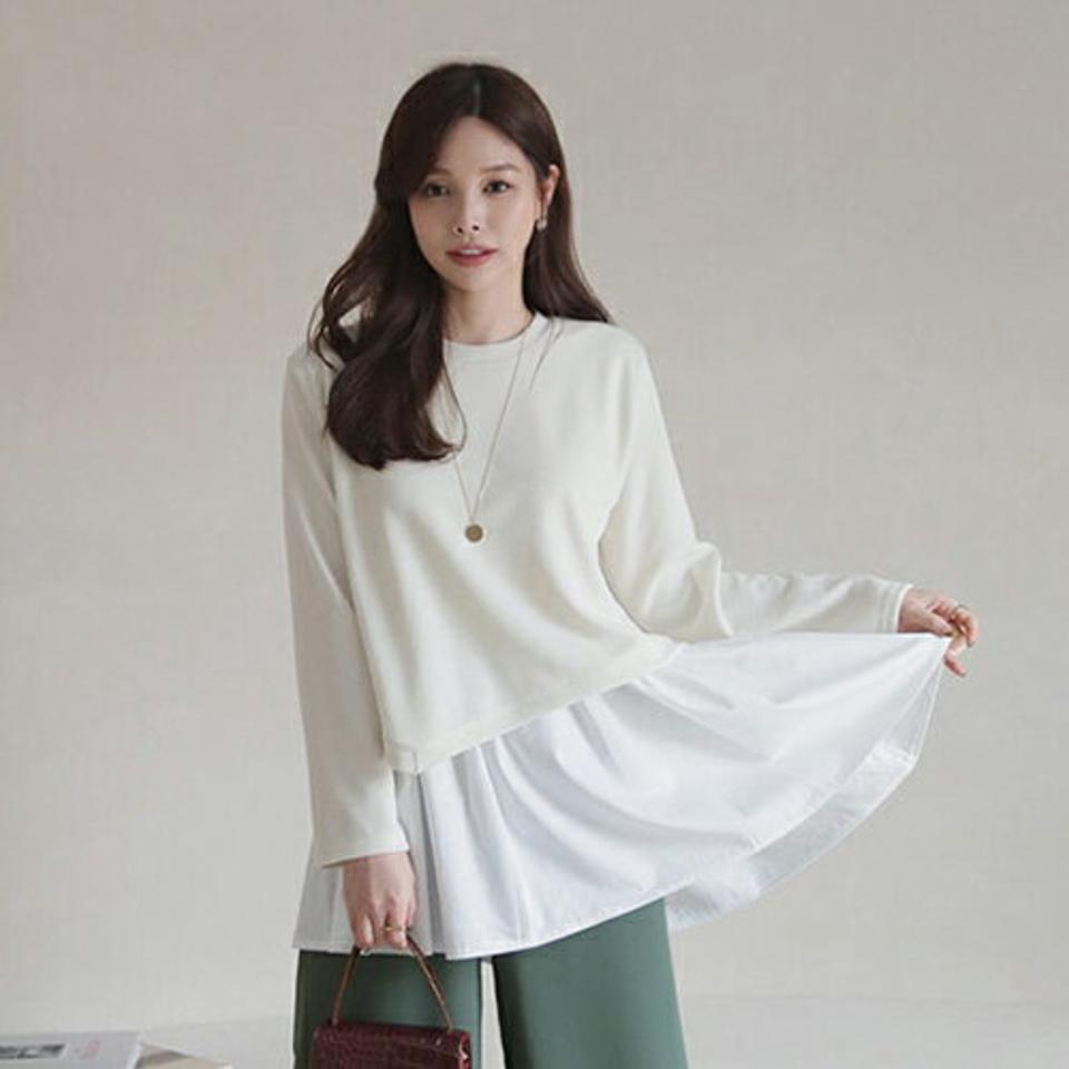 【只今10%OFF】レイヤードへムTシャツ・全3色・b66667 レディース 【tops】【トップス Tシャツ 長袖 レイヤード風 レイヤード シンプル きれいめ アンバランス　単色 無地 秋 冬 韓国 ファッション】【ハイホリHIHOLLI】