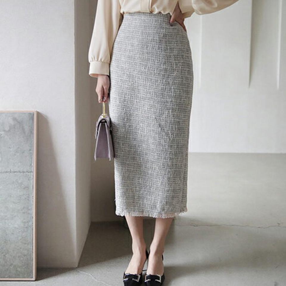 フリンジツイードスカート・全2色・t27917 レディース 【sk】【スカート ロング ロングスカート ツイード フリンジ 上品 大人 高級感 シック Hライン 秋 冬 韓国 ファッション】【ハイホリHIHOLLI】