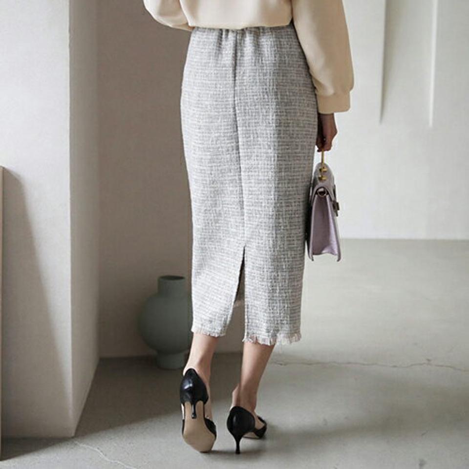 フリンジツイードスカート・全2色・t27917 レディース 【sk】【スカート ロング ロングスカート ツイード フリンジ 上品 大人 高級感 シック Hライン 秋 冬 韓国 ファッション】【ハイホリHIHOLLI】