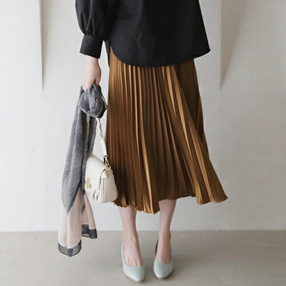 サテンプリーツスカート・全5色・t66687 レディース 【sk】【スカート ロング ロングスカート プリーツ プリーツスカート サテン 単色 シンプル フェミニン ウエストゴム 秋 冬 韓国 ファッション】【ハイホリHIHOLLI】