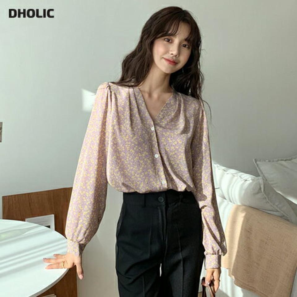 花柄Vネックブラウス・全4色・t56779 レディース 【bl】【韓国 ファッション トップス ブラウス 長袖 花柄 Vネック 小花柄 デコルテ シフォン フラワー 春 フェミニン カジュアル デイリー 秋 冬】