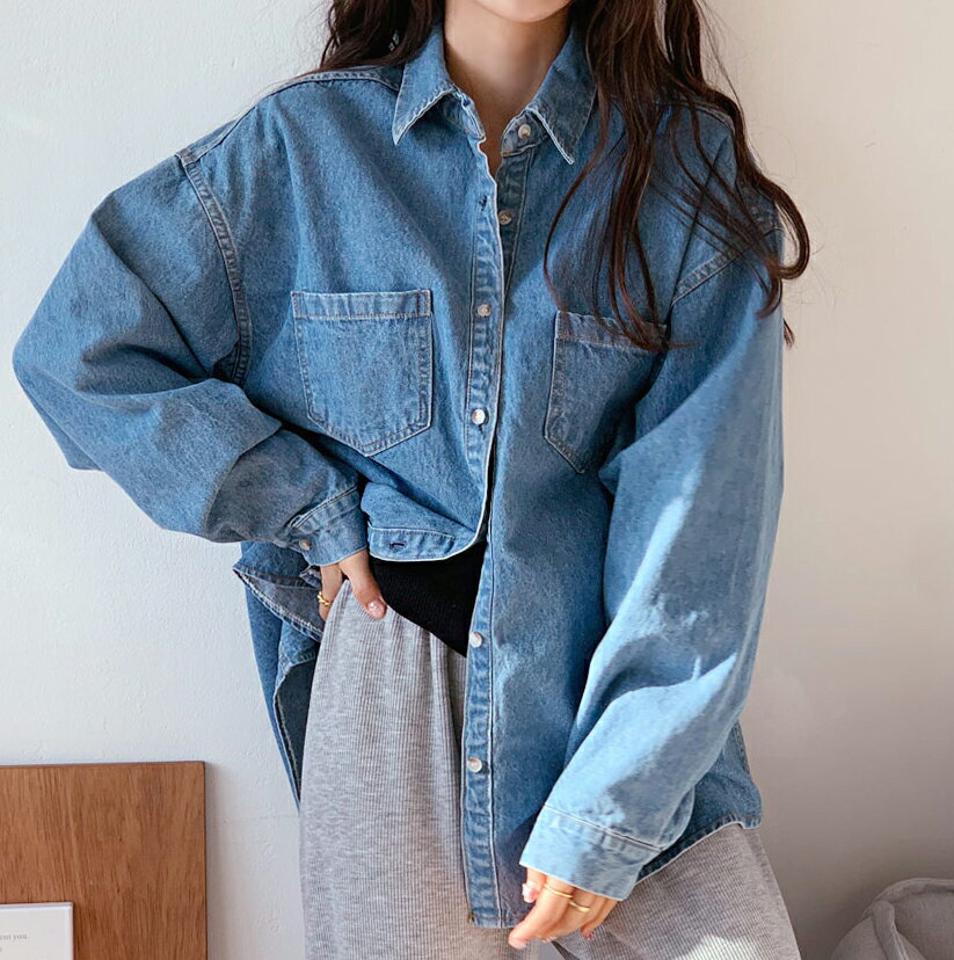 デニムシャツ・全3色・t56798 レディース 【bl】【韓国 ファッション トップス ブラウス シャツ 長袖 マニッシュ デニムシャツ ドロップショルダー ルーズ ゆったり 春 上品 フェミニン カジュアル デイリー 秋 冬】