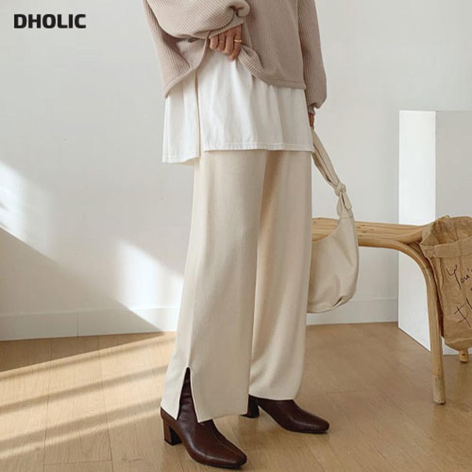 サイドスリットパンツ・全4色・t56792 レディース 【pt】【韓国 ファッション ボトムス パンツ ロング スリット ワイド ワイドパンツ ウエストゴム ストリング リブ シンプル 無地 ルーズ 体型カーバー 秋 冬】