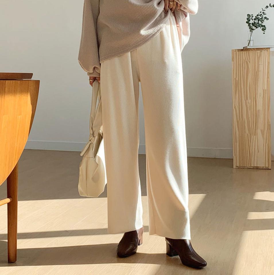 サイドスリットパンツ・全4色・t56792 レディース 【pt】【韓国 ファッション ボトムス パンツ ロング スリット ワイド ワイドパンツ ウエストゴム ストリング リブ シンプル 無地 ルーズ 体型カーバー 秋 冬】