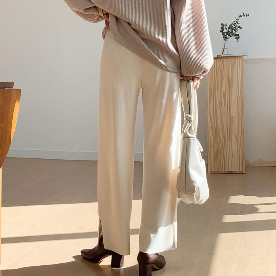 サイドスリットパンツ・全4色・t56792 レディース 【pt】【韓国 ファッション ボトムス パンツ ロング スリット ワイド ワイドパンツ ウエストゴム ストリング リブ シンプル 無地 ルーズ 体型カーバー 秋 冬】