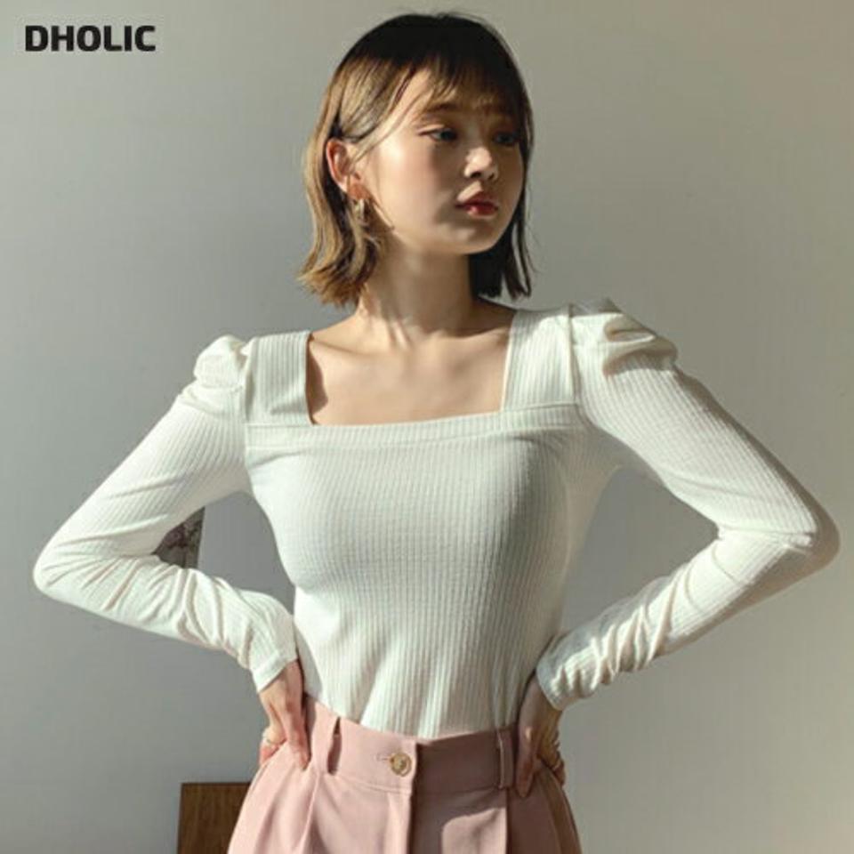 スクエアパフTシャツ・全4色・b56770 レディース 【tops】【韓国 ファッション トップス Tシャツ 長袖 スクエアネック デコルテ パフスリーブ ボリューム　スリム フィット 無地 フェミニン 上品 体型カーバー デイリー ベーシック 春 春Tシャツ 秋 冬】