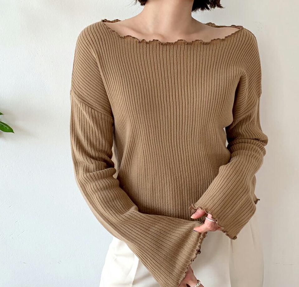ウェーブボートリブTシャツ・全5色・t56769 レディース 【tops】【韓国 ファッション トップス Tシャツ 長袖 ボートネック デコルテ リブ クロップド丈 ウェーブ スリム 体型カーバー デイリー ベーシック 無地 秋 冬】