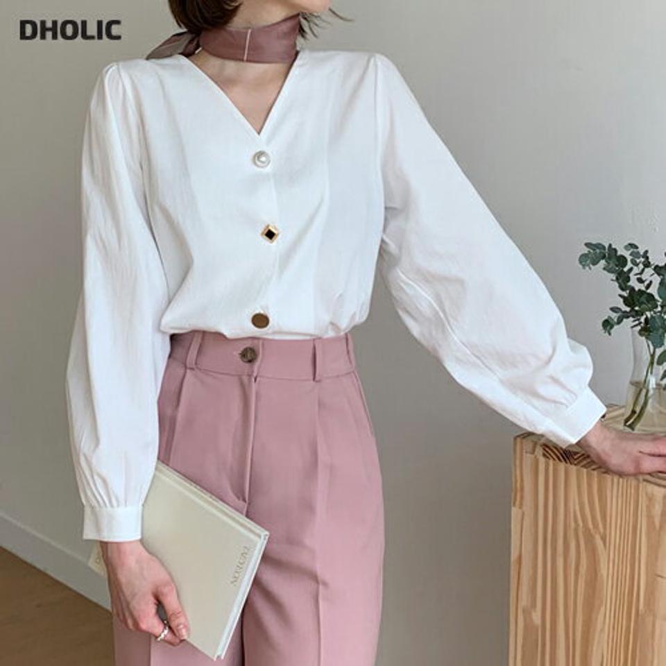 ジュエルボタンブラウス・全3色・t56777 レディース 【bl】【韓国 ファッション トップス ブラウス 長袖 Vネック マルチジュエル ボタン デコルテ ギャザー 上品 春 フェミニン カジュアル デイリー 秋 冬】