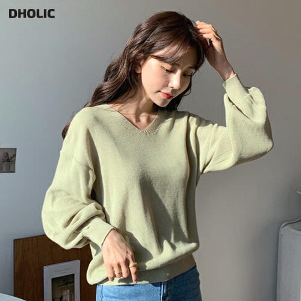 Vネックパフニット・全7色・t64867 レディース 【tops】【韓国 ファッション トップス ニット 長袖 ぼわん袖 デコルテ Vネック ルーズ ゆったり リブ リブニット シンプル 体型カーバー デイリー ベーシック 無地 秋 冬】
