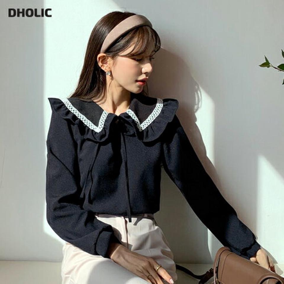 レースラインビッグカラーブラウス・全3色・t56813 レディース 【bl】【韓国 ファッション トップス ブラウス 長袖 小顔 レース ラブリー リボン 春 上品 フェミニン カジュアル デイリー 秋 冬】