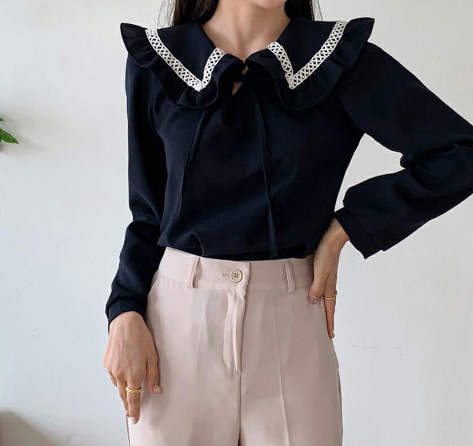 レースラインビッグカラーブラウス・全3色・t56813 レディース 【bl】【韓国 ファッション トップス ブラウス 長袖 小顔 レース ラブリー リボン 春 上品 フェミニン カジュアル デイリー 秋 冬】