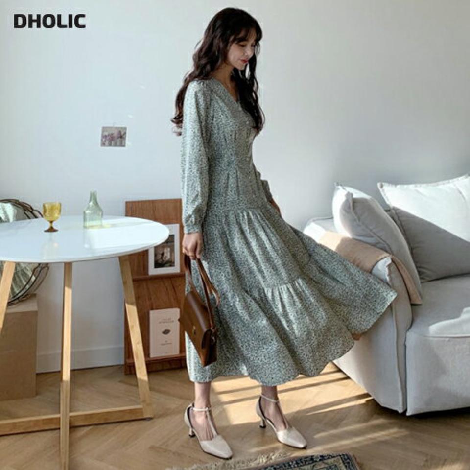 ≪人気商品再入荷≫Vネックフローラルワンピース・全4色・t56800 レディース 【ops】 韓国ファッション ワンピース ロングワンピス 長袖 デコルテ Vネック 花柄 フラワー フローラル ウエストリボン シフォン フェミニン 体型カバー 秋 冬