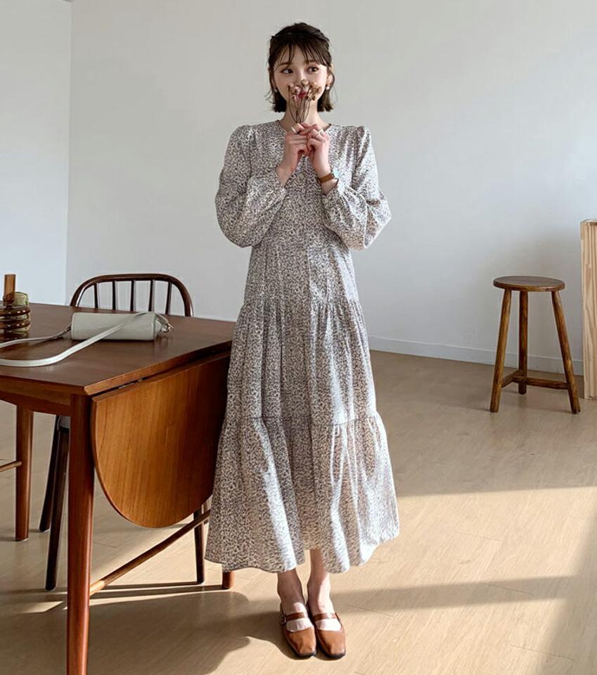 ≪人気商品再入荷≫Vネックフローラルワンピース・全4色・t56800 レディース 【ops】 韓国ファッション ワンピース ロングワンピス 長袖 デコルテ Vネック 花柄 フラワー フローラル ウエストリボン シフォン フェミニン 体型カバー 秋 冬