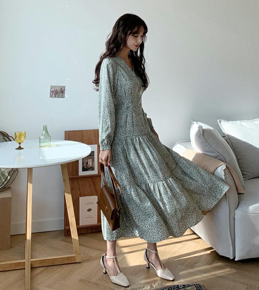 ≪人気商品再入荷≫Vネックフローラルワンピース・全4色・t56800 レディース 【ops】 韓国ファッション ワンピース ロングワンピス 長袖 デコルテ Vネック 花柄 フラワー フローラル ウエストリボン シフォン フェミニン 体型カバー 秋 冬