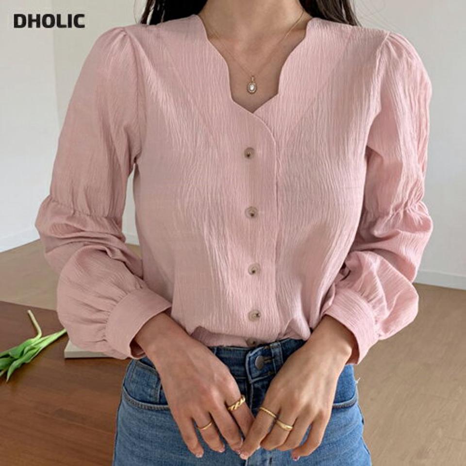 ウェーブVネックブラウス・全3色・t56776 レディース 【bl】【韓国 ファッション トップス ブラウス 長袖 ウェーブ デコルテ 細身 Vネック ギャザー ボリューム リンクル 春 上品 フェミニン カジュアル デイリー 秋 冬】