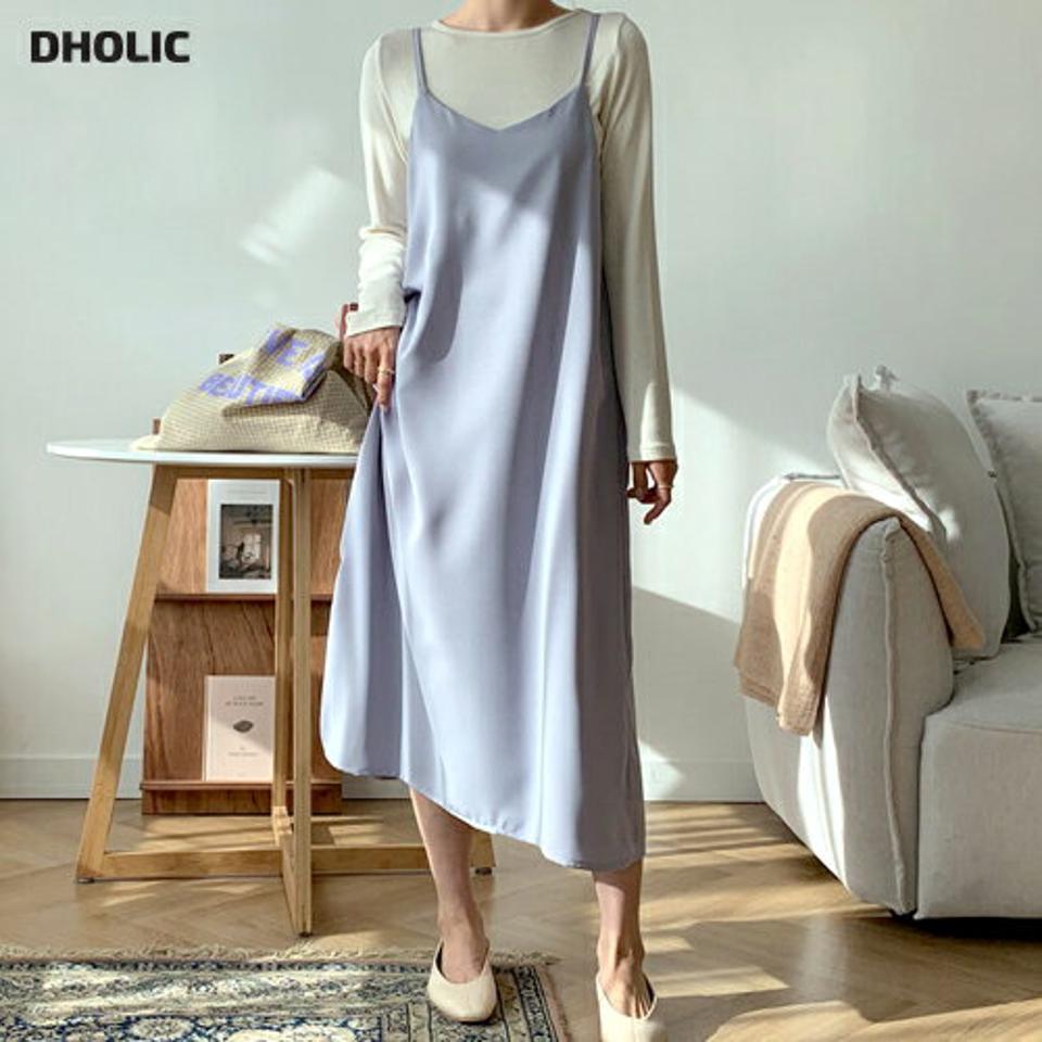 Vネックキャミワンピース・全3色・t56783 レディース 【ops】 韓国 ファッション ワンピース ロング ロングワンピス Vネック キャミ キャミソール ベーシック 細身 スリム カジュアル 体型カバー ルーズ 秋 冬