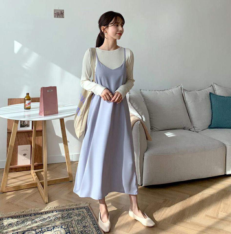 Vネックキャミワンピース・全3色・t56783 レディース 【ops】 韓国 ファッション ワンピース ロング ロングワンピス Vネック キャミ キャミソール ベーシック 細身 スリム カジュアル 体型カバー ルーズ 秋 冬