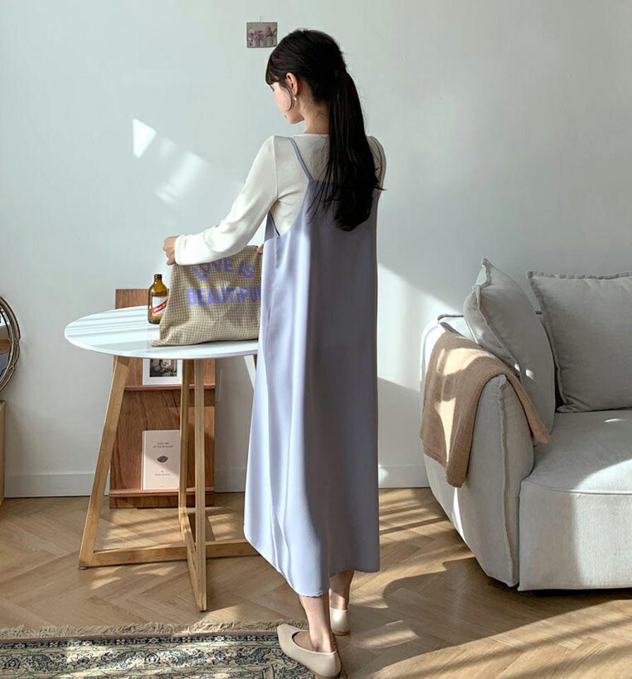 Vネックキャミワンピース・全3色・t56783 レディース 【ops】 韓国 ファッション ワンピース ロング ロングワンピス Vネック キャミ キャミソール ベーシック 細身 スリム カジュアル 体型カバー ルーズ 秋 冬