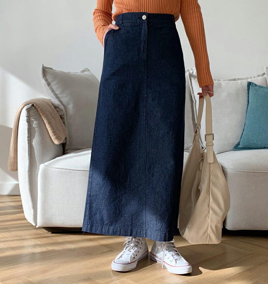 スリットデニムスカート・全1色・t56791 レディース 【sk】【韓国 ファッション ボトムス スカート ロング ロングスカート Hライン バックゴム スリット デニムスカート カジュアル 体型カバー シンプル フェミニン デイリー ベーシック 上品 秋 冬】