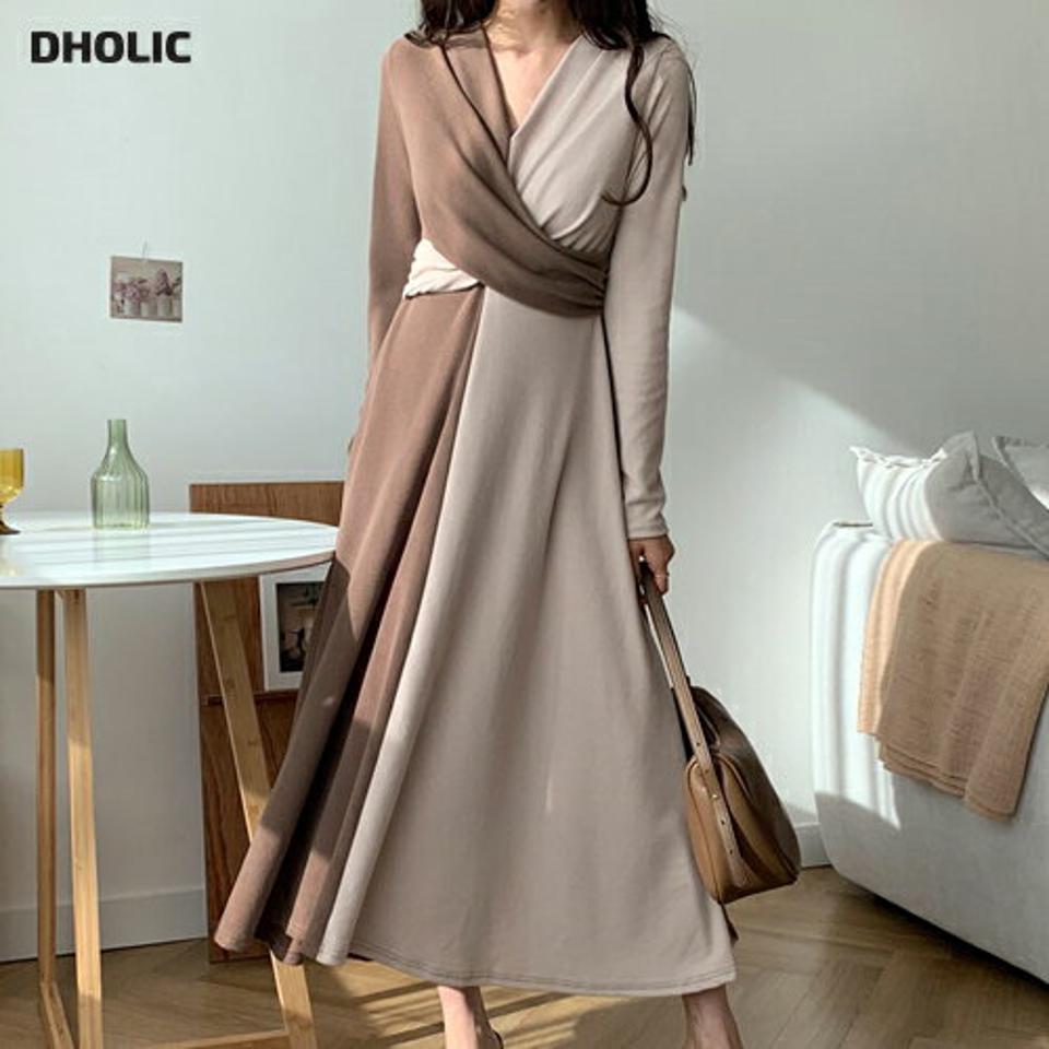 ≪人気商品再入荷≫クロスラップ配色ワンピース・全2色・b56784 レディース 【ops】韓国ファッション ワンピース ロングワンピス 長袖 ネック メリハリ 配色 クロス ストラップ スリム フィット 秋 冬