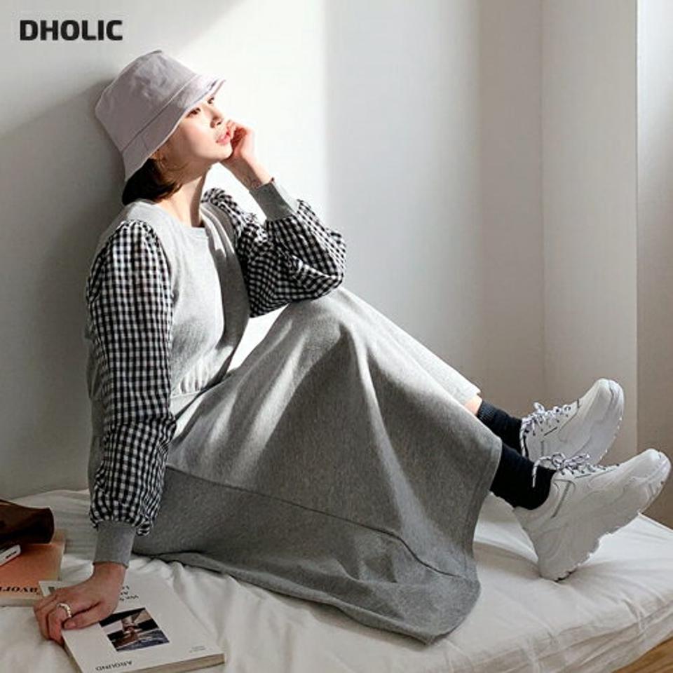 チェックスリーブワンピース・全2色・b56799 レディース 【ops】【韓国 ファッション ワンピース ロング ロングワンピス 長袖 ラウンドネック 配色 チェック スウェット カジュアル ウエストゴム 異素材 体型カバー ルーズ 秋 冬】