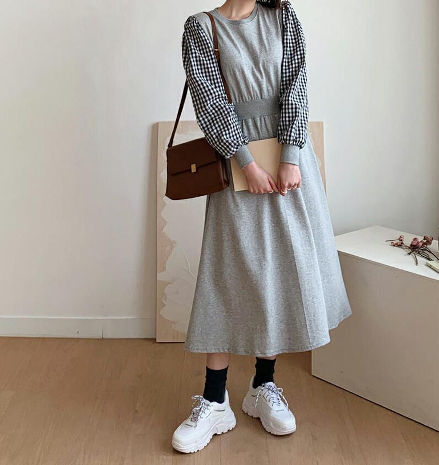 チェックスリーブワンピース・全2色・b56799 レディース 【ops】【韓国 ファッション ワンピース ロング ロングワンピス 長袖 ラウンドネック 配色 チェック スウェット カジュアル ウエストゴム 異素材 体型カバー ルーズ 秋 冬】
