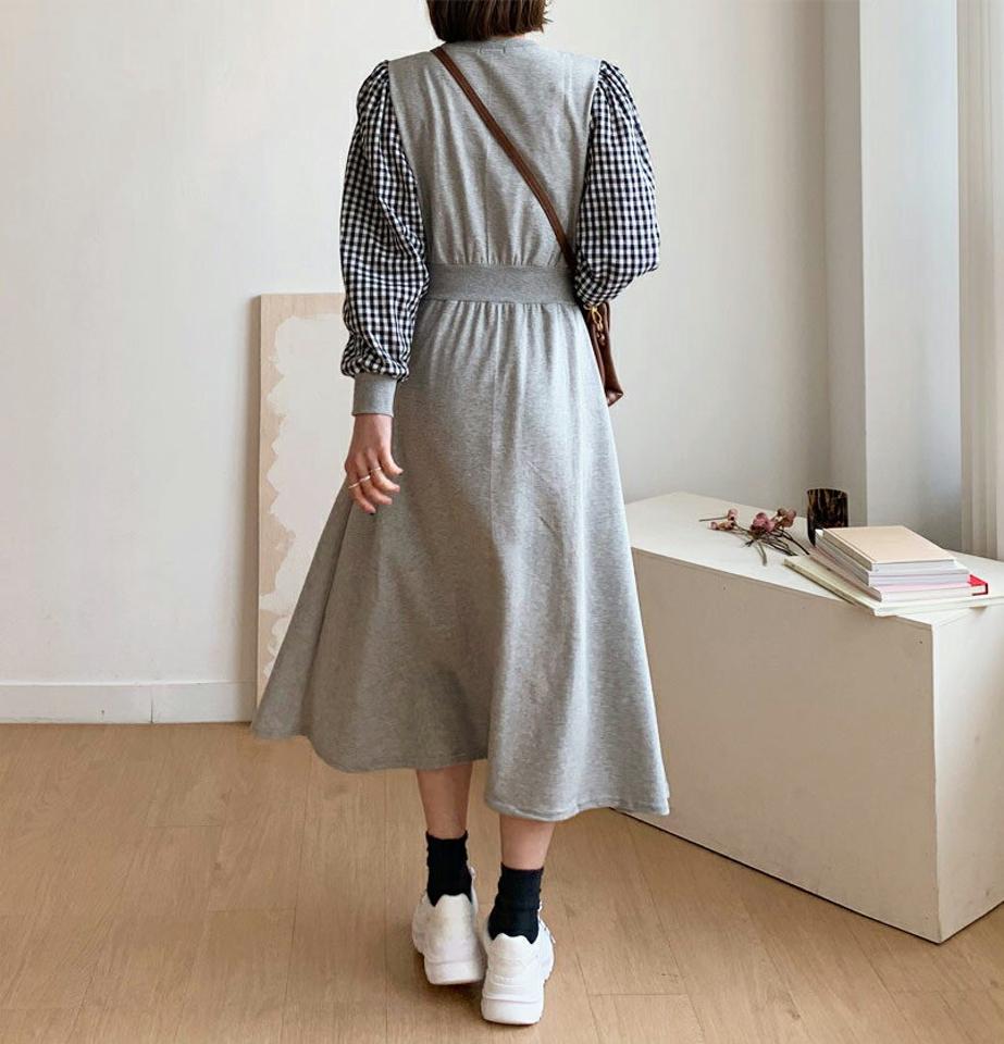 チェックスリーブワンピース・全2色・b56799 レディース 【ops】【韓国 ファッション ワンピース ロング ロングワンピス 長袖 ラウンドネック 配色 チェック スウェット カジュアル ウエストゴム 異素材 体型カバー ルーズ 秋 冬】