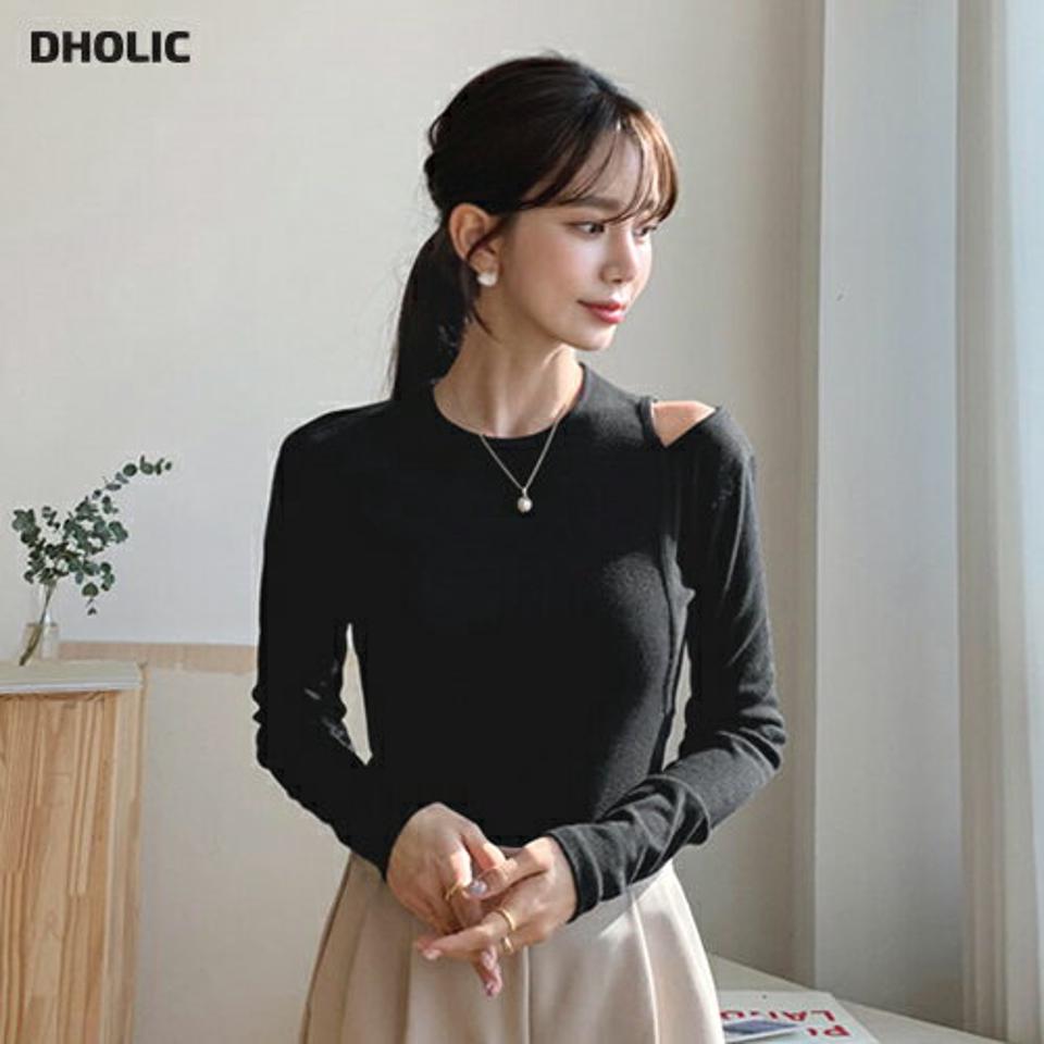 ショルダースリットTシャツ・全4色・t56767 レディース 【tops】【韓国 ファッション トップス Tシャツ 長袖 ラウンドネック スリット スリム フィット シンプル 春 春Tシャツ 無地 フェミニン 上品 体型カーバー デイリー ベーシック 秋 冬】【BT】