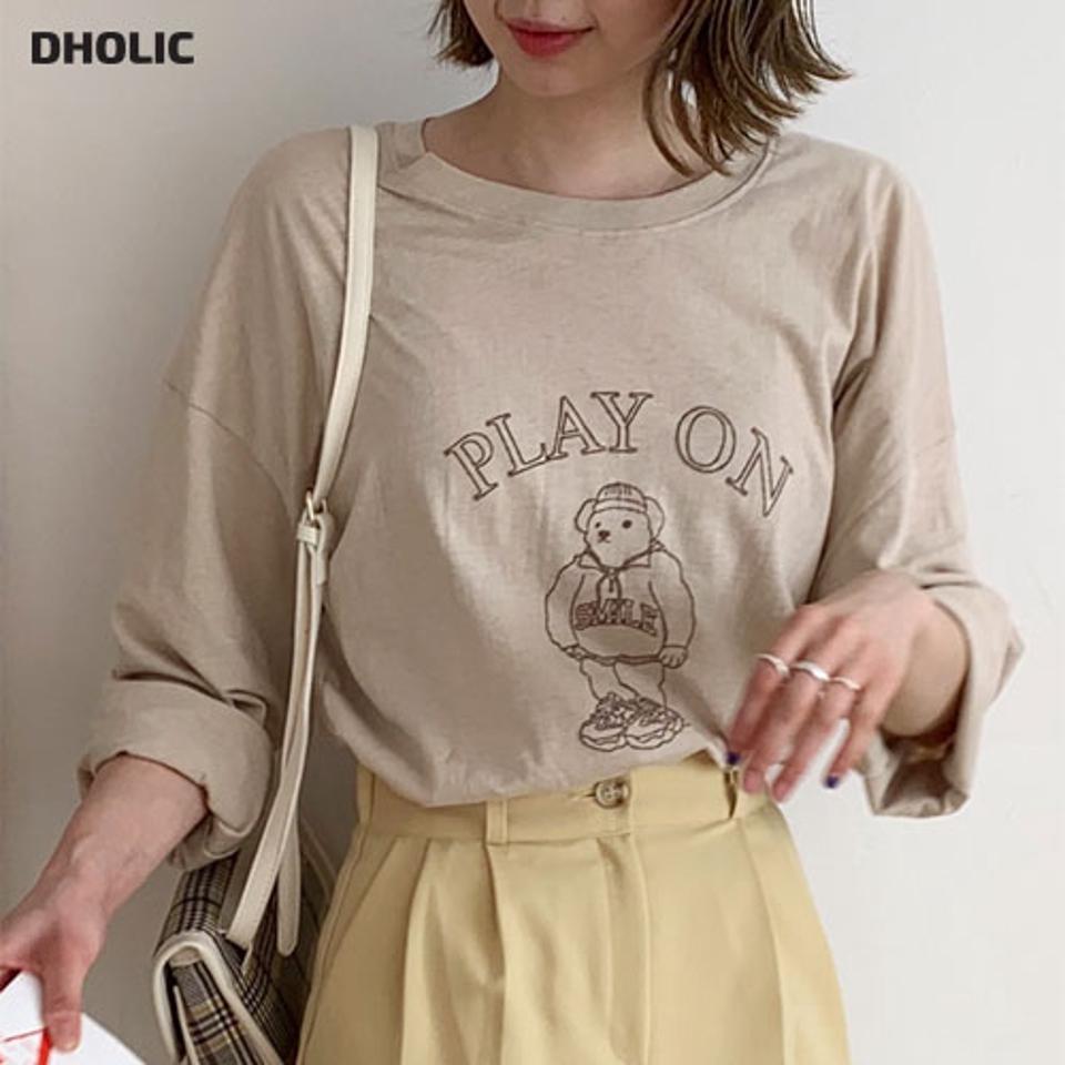 ベアプリントTシャツ・全4色・t56771 レディース 【tops】【韓国 ファッション トップス Tシャツ 長袖 ラウンドネック クマ ドローイング プリント ルーズ ゆったり 体型カーバー デイリー ベーシック 無地 春 春Tシャツ 秋 冬】【BT】