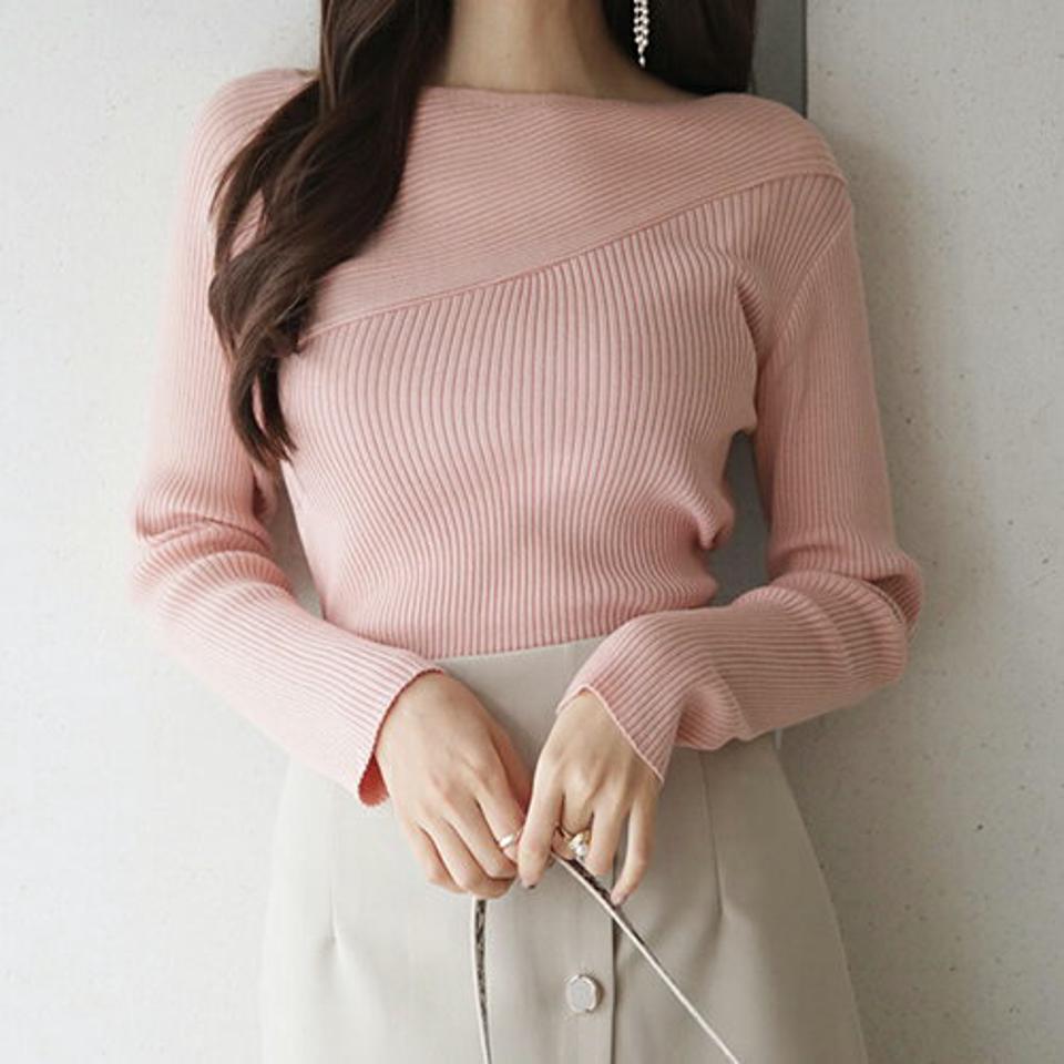 アンバランスリブニット・全4色・b66662 レディース 【tops】【トップス ニット ニットトップス リブ リブニット 長袖 アンバランス 大人 シンプル 単色 カジュアル 秋 冬 韓国 ファッション】【ハイホリHIHOLLI】